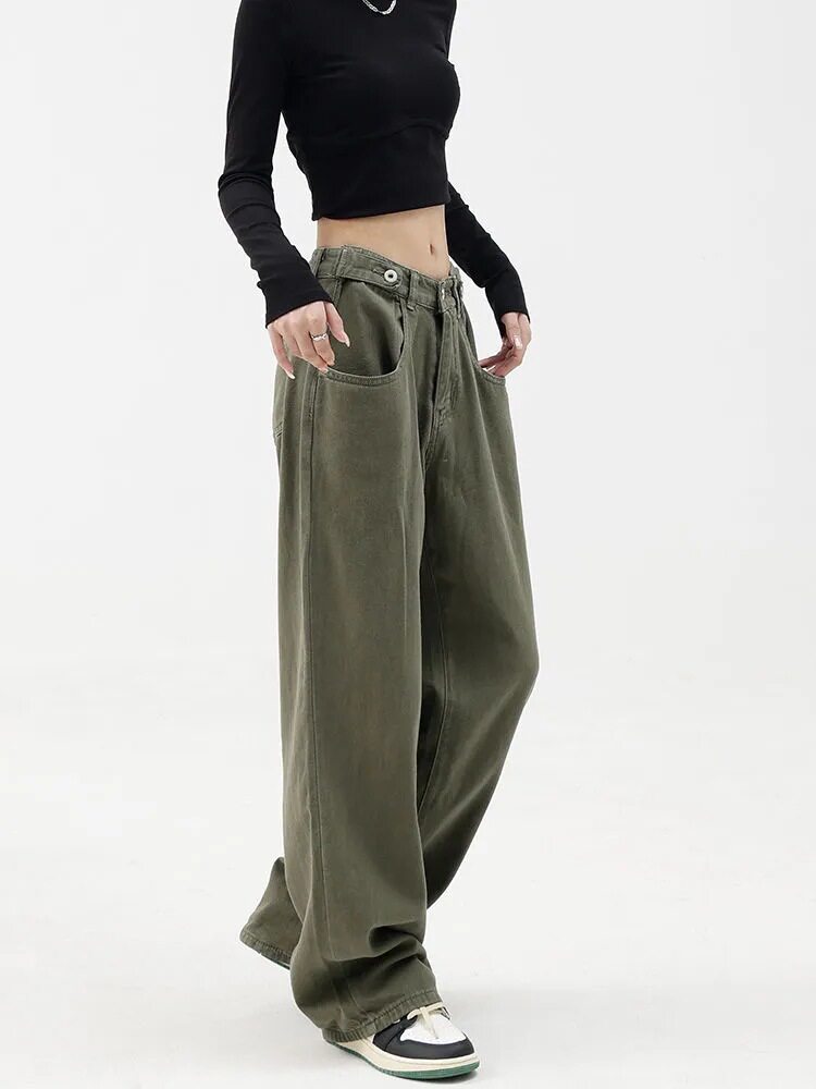 Womens Green High Waisted Straight Leg Jeans Adjustable Loose Fit Plus Size Casual Spring Fall Wear Wholesale