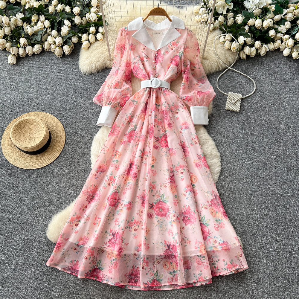 French Romantic V Neck Lantern Sleeve Floral Maxi Dress Slim Fit Waist Defining A Line Silhouette Perfect for Spring