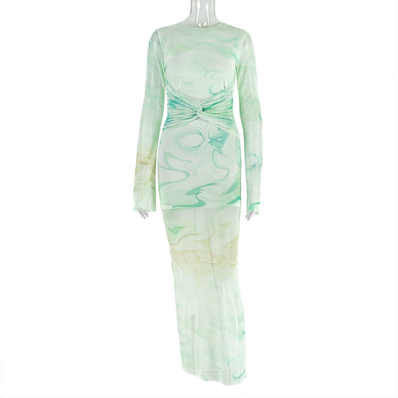 Elegant Womens Long Dress Slim Fit Ruffled High Neck Floral Print Perfect for Office or Casual Occasions