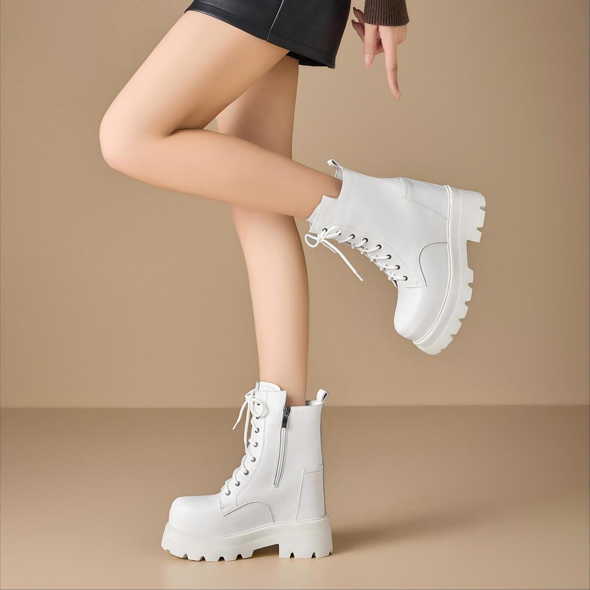 Boot Martin nữ cổ ngắn đế dày tăng chiều cao 12cm, da bò thật, phong cách Anh Quốc — Lớp lót đơn màu đen, Lót đơn màu trắng, Lót nhung đen, Lót nhung trắng