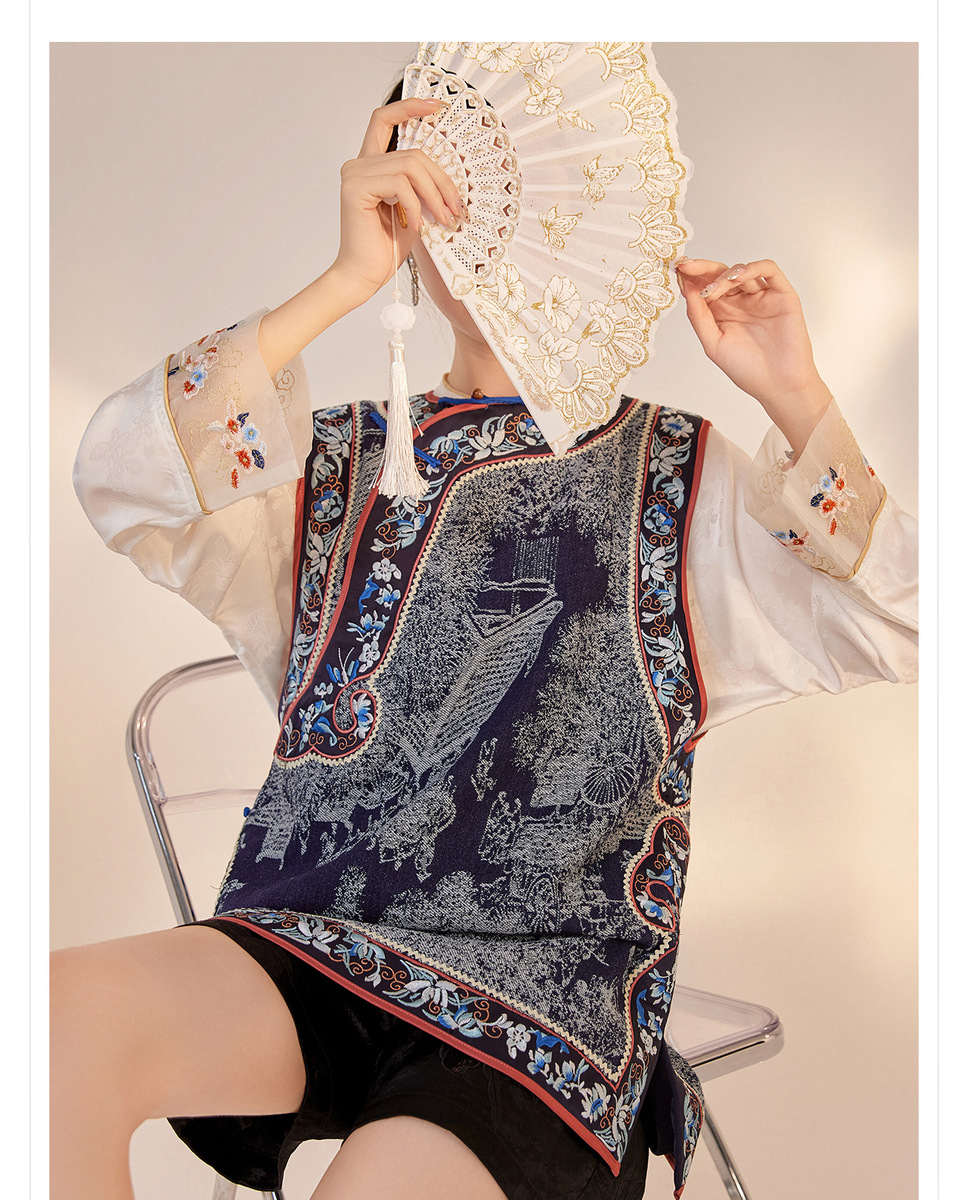 Áo vest nữ in họa tiết hoa cài khuy cổ tròn dáng rộng — Màu xanh lam