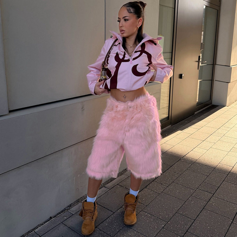Womens Hip Hop Style Plush Loose Fit Low Waist Shorts Unique Design Versatile Comfortable Autumn Collection