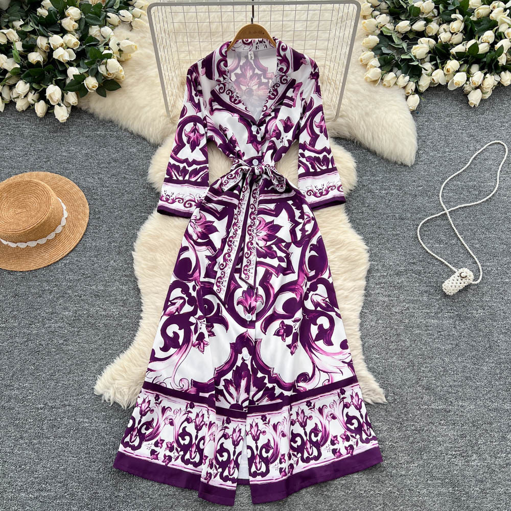 Vintage Inspired Floral Print Dress Long Sleeve Waist Tie Elegant Style Perfect for Formal Occasions Wholesale