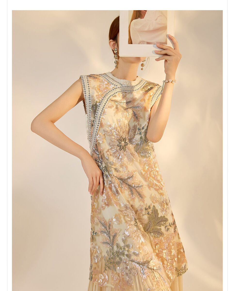 Đầm dài nữ thêu thủ công phối ghép cổ tròn không tay dáng suông — Màu hồng be (giao hàng trong 7 ngày), Màu hồng be (giao hàng trong ngày), Màu xanh hải quân (giao hàng trong 7 ngày), Màu xanh hải quân (phát hành cùng ngày)