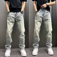 Autumn New Washed Distressed Light Blue Jeans Men's Loose Straight Pants with Slanted Pockets Simple High Street Pants