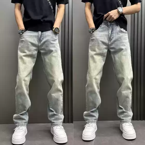 Autumn New Washed Distressed Light Blue Jeans Men's Loose Straight Pants with Slanted Pockets Simple High Street Pants