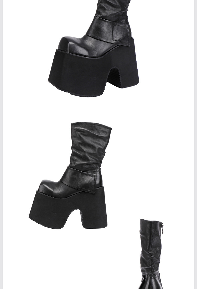 Boot nữ cổ trung gót cao đế dày da bò thật tôn dáng — Màu đen