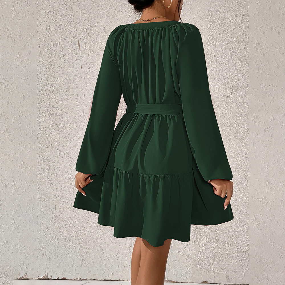 Casual Long Sleeve Ruffled Hem Dress Loose Fit Waist Defined Elegant Style Spring Summer Collection Wholesale