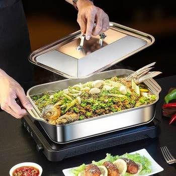 Deepened and Thickened Stainless Steel Fish Grilling Pan for Home and Commercial Use, with Handle, Anti-Scalding, Multifunctional Grilling Tray, Square Shape