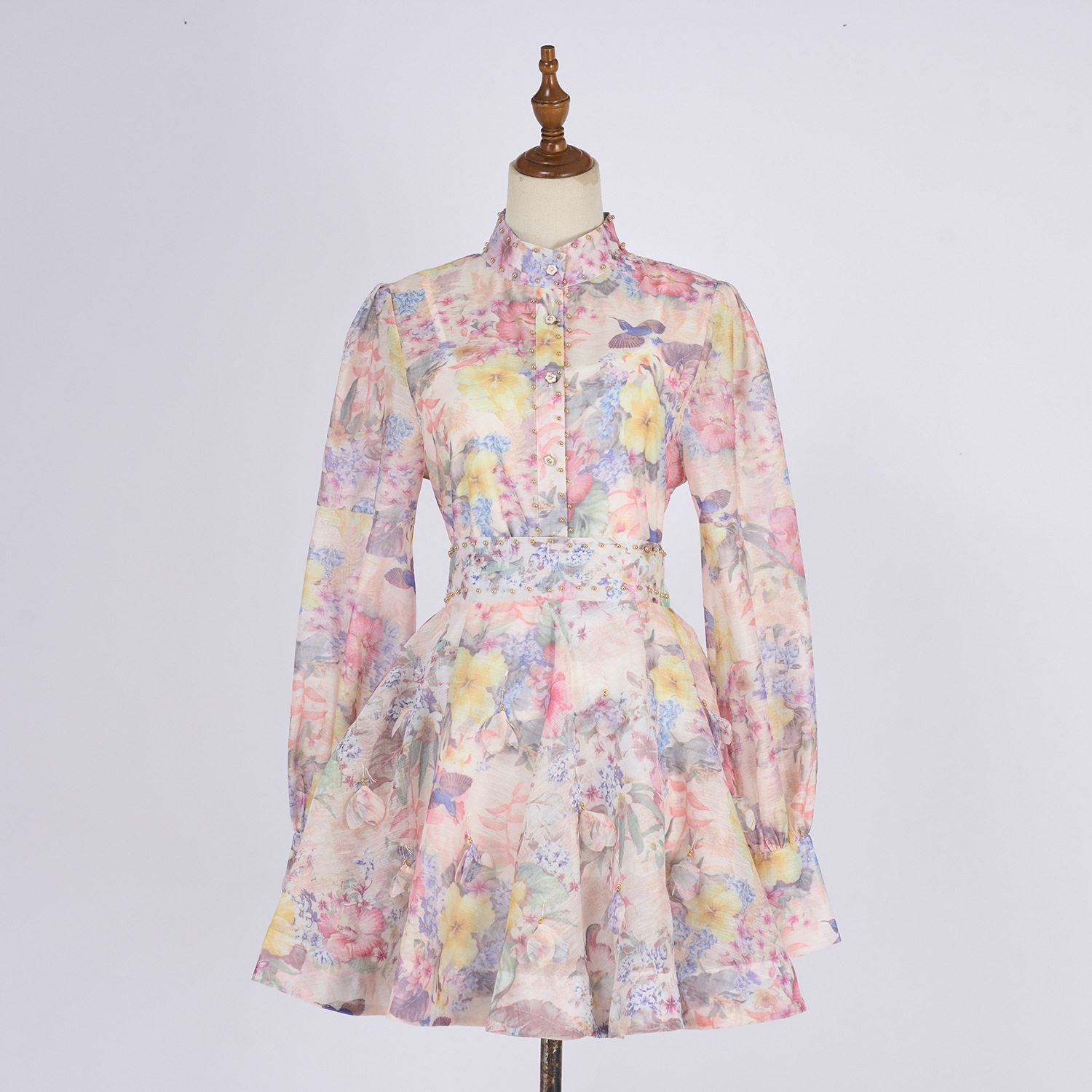 Vintage Floral Beaded Lantern Sleeve Top with A Line Mini Skirt Set Elegant Style for Parties and Events Wholesale
