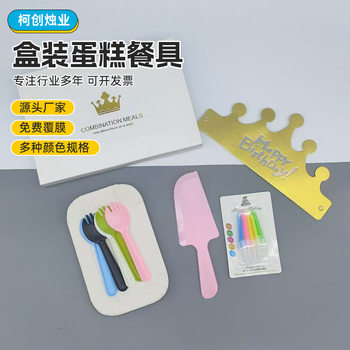 Birthday Cake Tableware Baking Paper Plate Dinner Plate Four-in-One Combination Disposable Plastic Knife and Fork Dish Candle suit