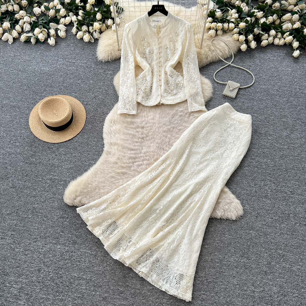 French Style Two Piece Set Beaded V Neck Lace Detail Slim Fit Summer Office Wear for Elegant Women Wholesale