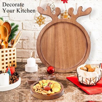 Cross-border Wooden Elk Tray Christmas Dinner Plate Acacia Wood Round Plate Fruit Dishpoint Plate Wooden Dinner Plate