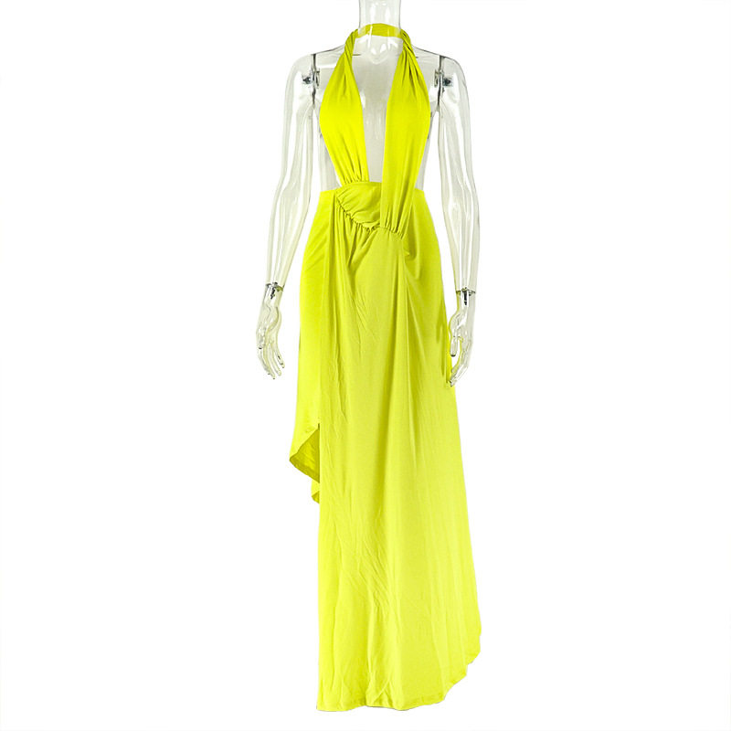 欧美风ins跨境女装修身纯色绑带包臀裙性感挂脖V字领裹胸连衣裙潮