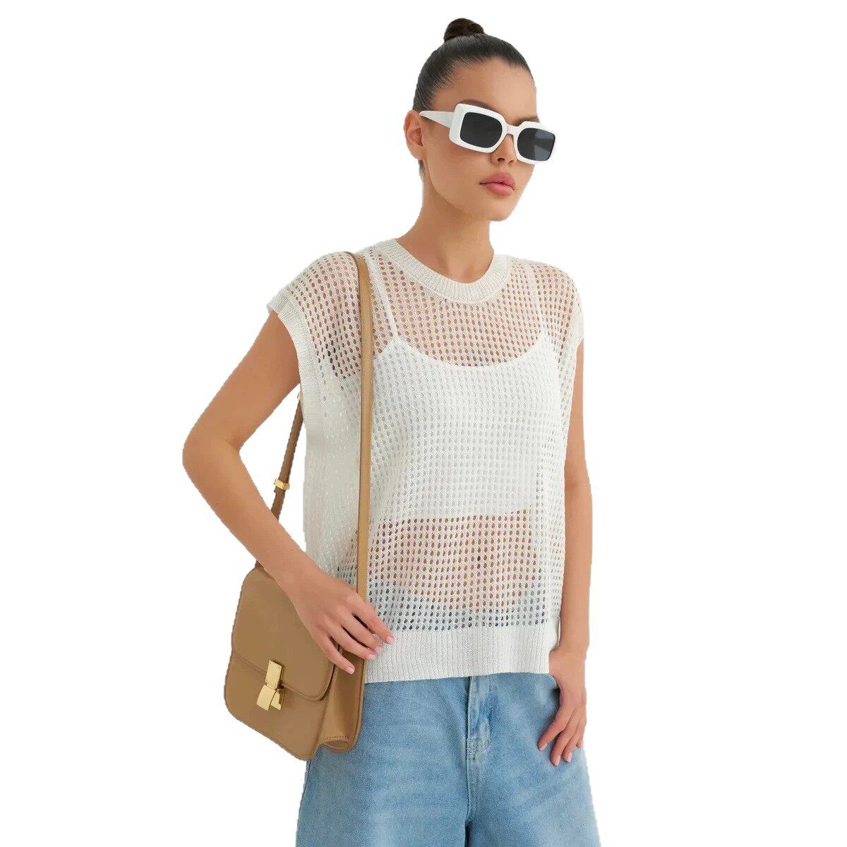 Lace Knit Sweater Vest Lightweight Sheer Round Neck Spring Summer Fall Fashion Wholesale Available