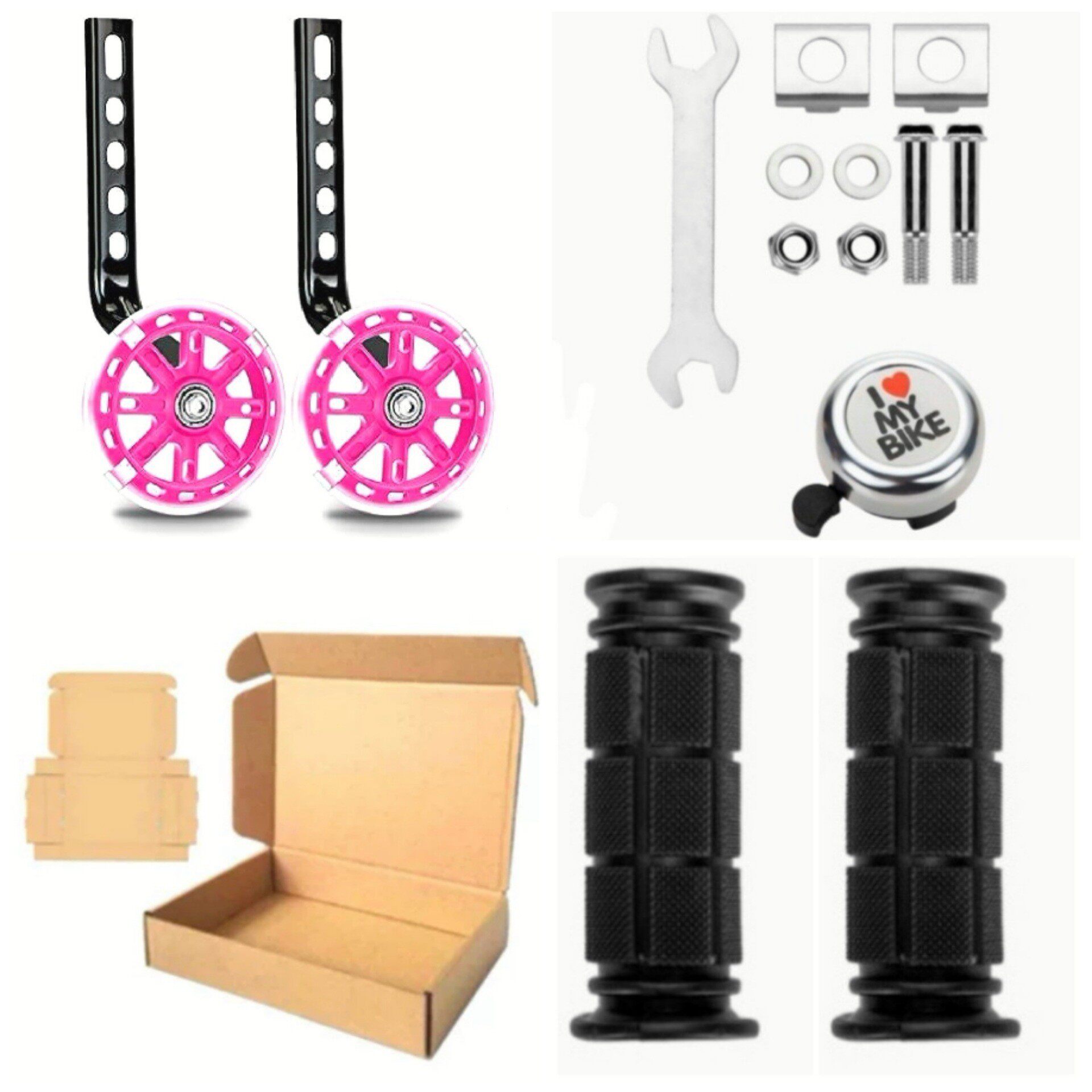 ピンクの補助輪 + 取っ手 + 鈴 + 紙箱