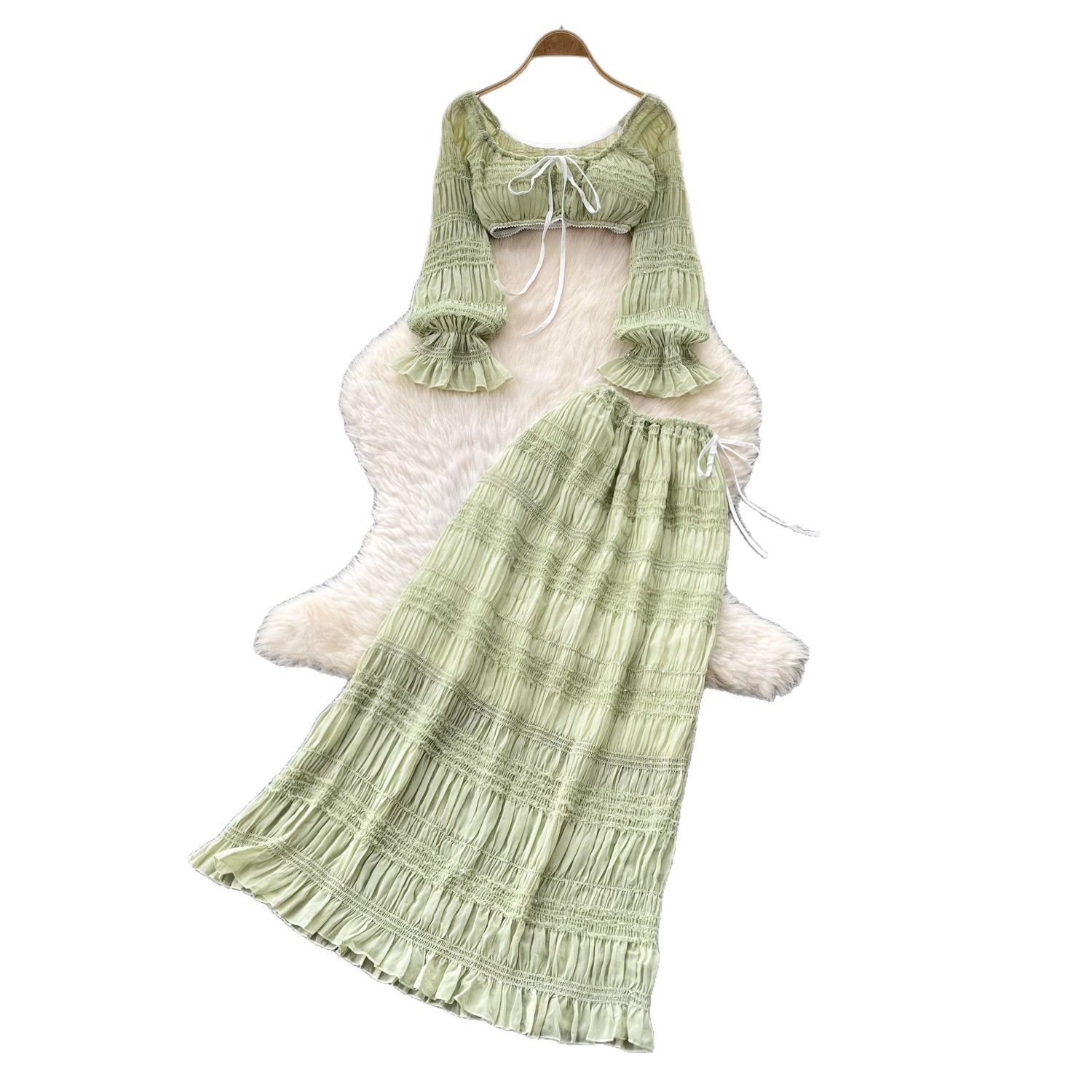 Off Shoulder Ruffled Top and High Waisted Cake Skirt Set French Vacation Style Slim Fit Elegant Look for Autumn