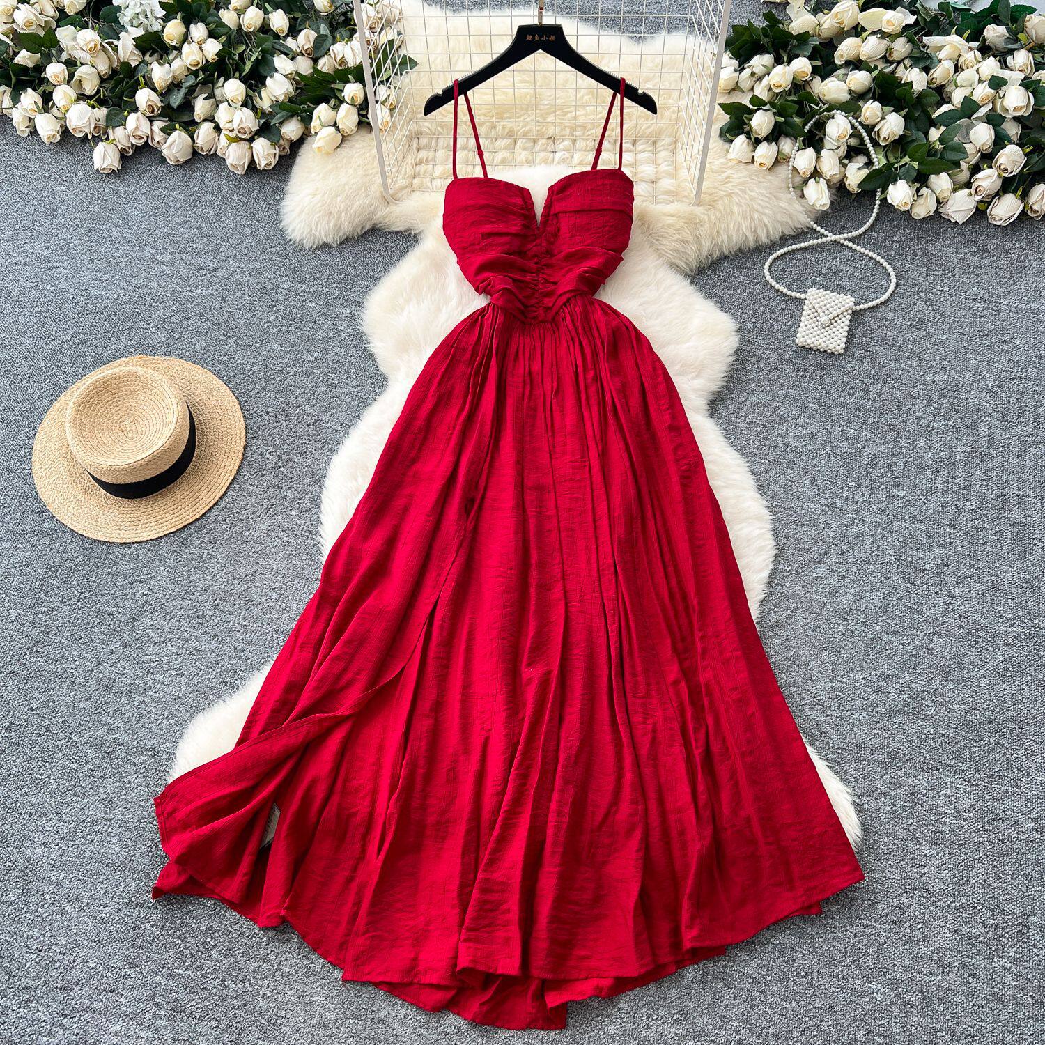 Summer Womens Maxi Dress Elegant Backless Design Adjustable Straps Available in Green and Red Wholesale Supply
