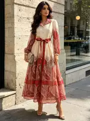 Vacation Ethnic Style Slimming Long Dress for Commuting, 2026 Summer New Lace-Up Waist-Cinching Shirt Collar Dress for Women
