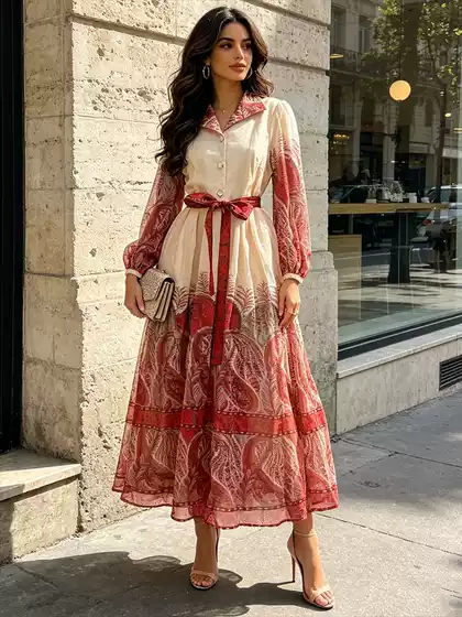 Vacation Ethnic Style Slimming Long Dress for Commuting, 2026 Summer New Lace-Up Waist-Cinching Shirt Collar Dress for Women