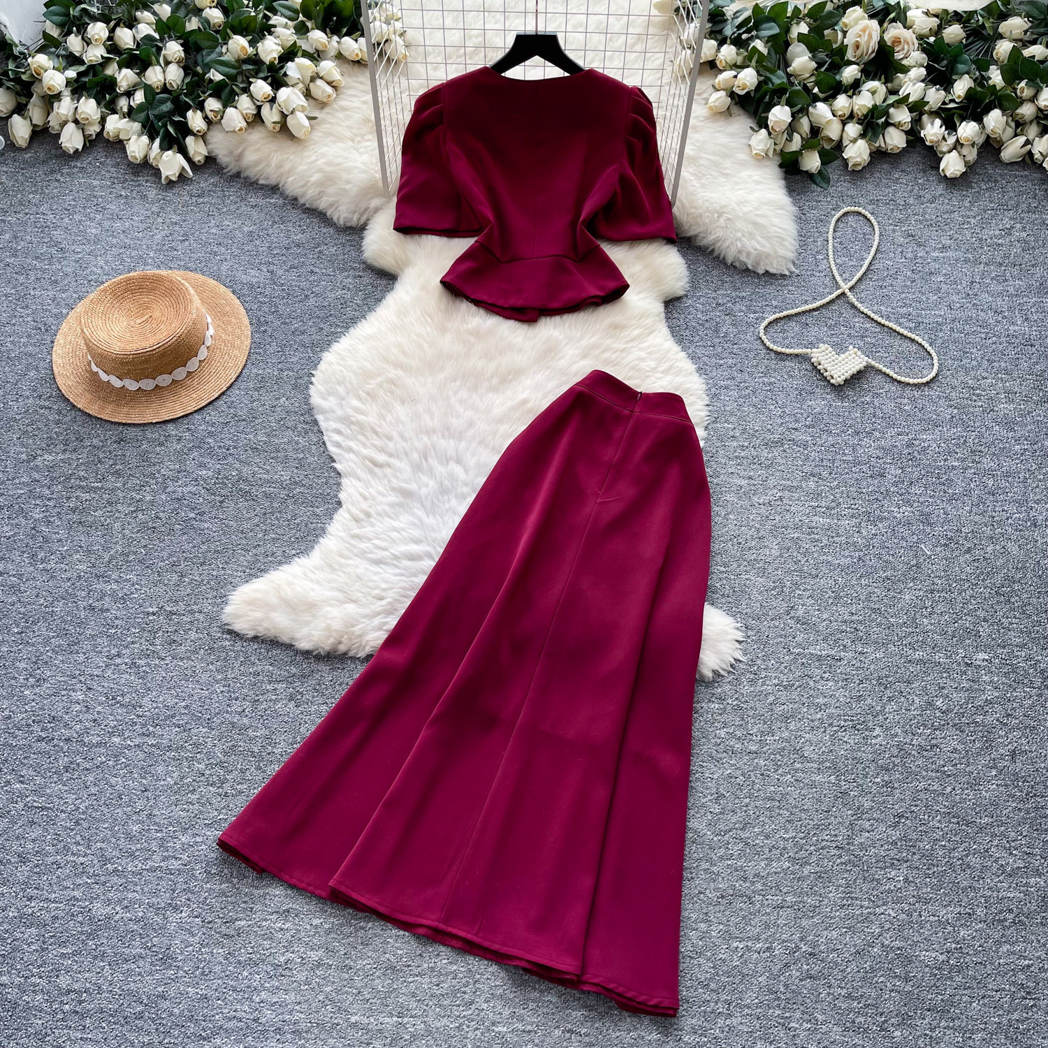 Elegant Wine Red Puff Sleeve Top and High Waist Long Skirt Set Slim Fit Summer Office Wear Womens Two Piece Outfit