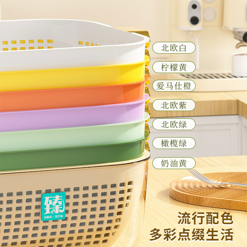 Printable Label Trendy Fruit and Vegetable Washing Basin Multifunctional Double-Layer Draining Basin Thickened Pet Kitchen Draining Basket
