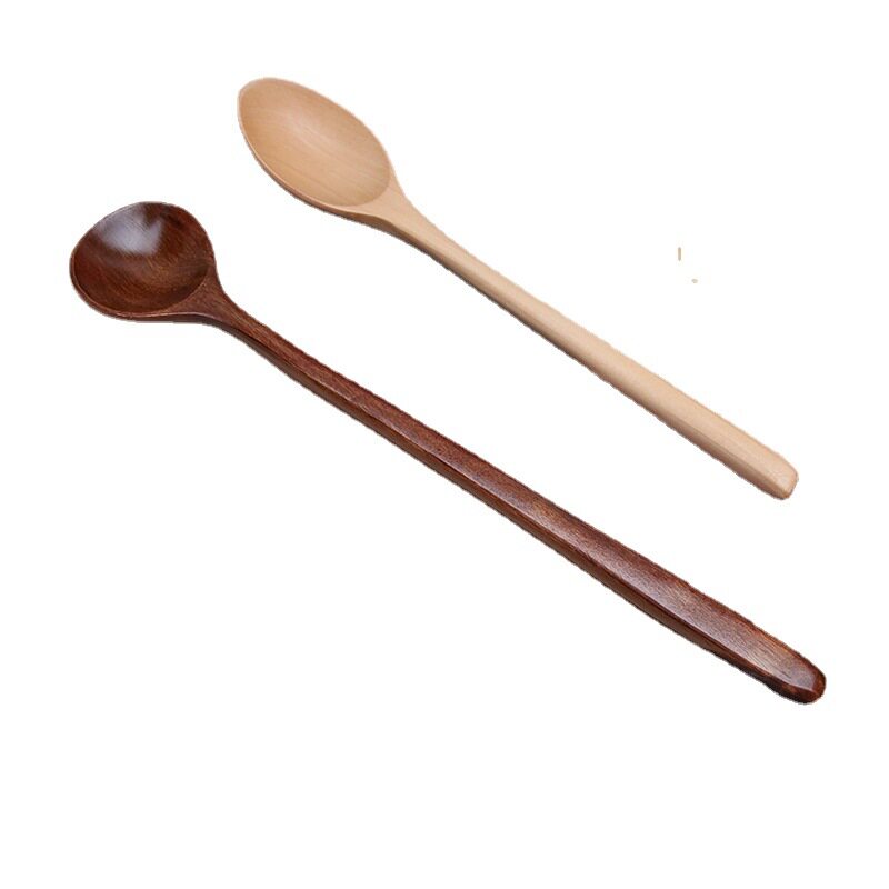 Solid Wood Japanese Style Long Handle Spoon Household Tableware Large Paint Soup Spoon Modulated Coffee Mixing Spoon Wholesale Ice Cream Wooden Spoon