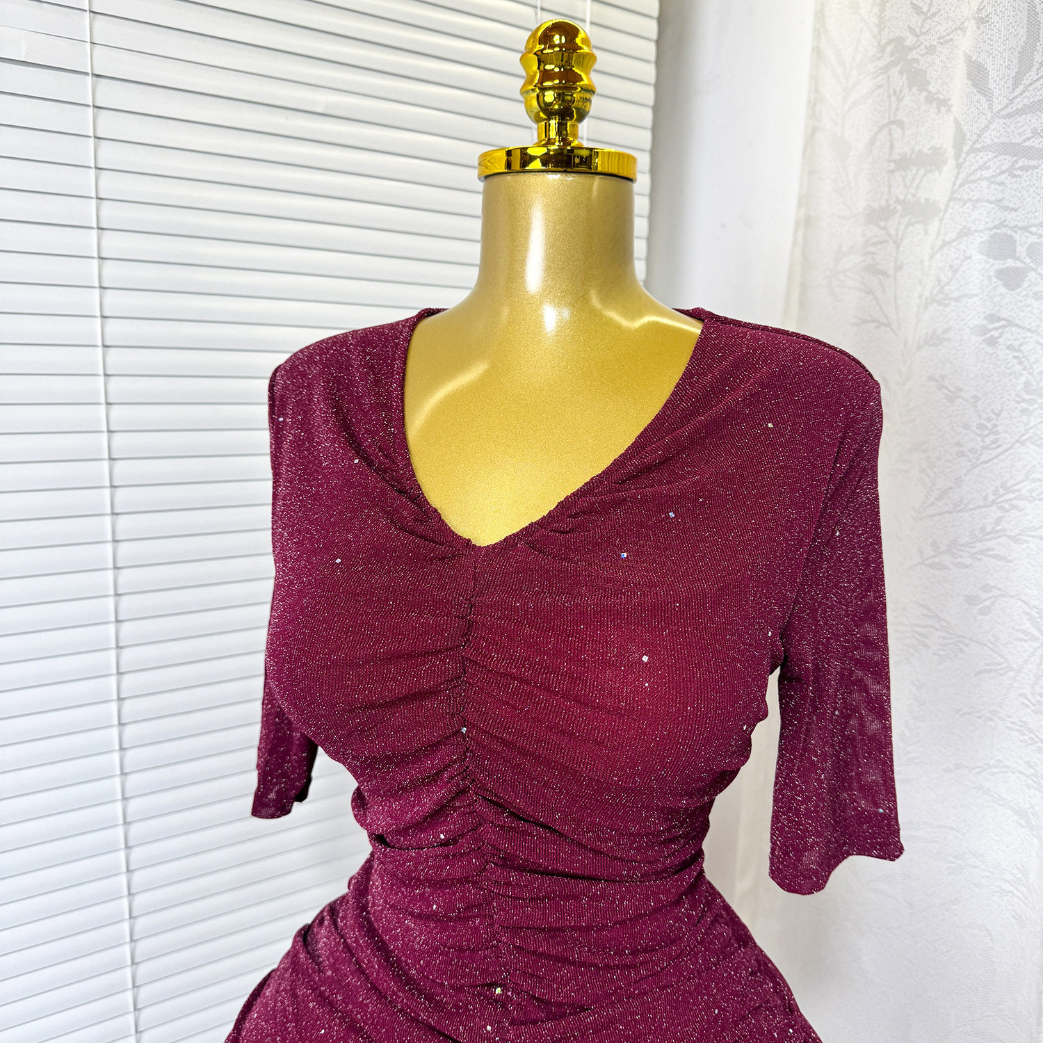 Elegant Womens Summer Dress Stretchy Mesh Pleated V Neck High Waist Slim Fit Perfect for Formal Occasions