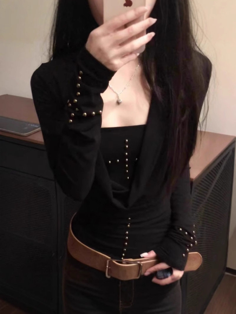 American-style Y2K Spice Girl Swing Collar Long-sleeved T-shirt Women's Spring and Autumn Black Slim-fit Rivet Top Stacked Tube Top Two-piece Suit