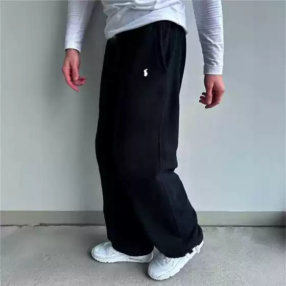 2025 Cross-Border European and American Retro Street Hip-Hop Trendy Brand New Elastic Waist Pony Embroidery Loose Fleece-Lined Straight Pants