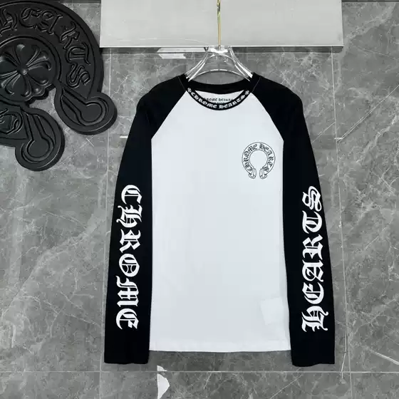 2026 New Model Chrome Hearts Black and White Letter Large Horseshoe Color-Blocked Sanskrit Letter Print Long-Sleeve T-Shirt Base Shirt