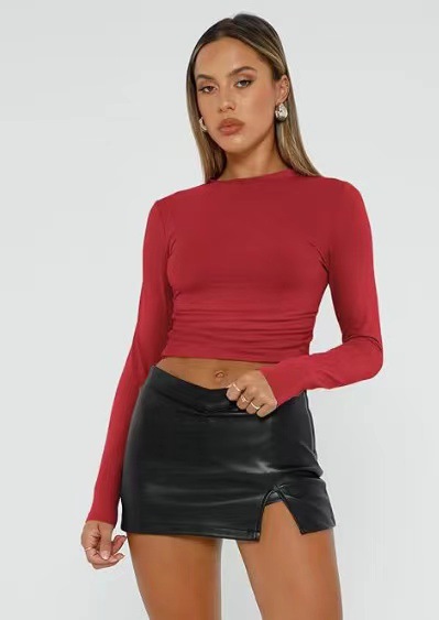 欧美女装休闲长袖t恤春秋纯色修身套头衫t恤女街装打底衫上衣