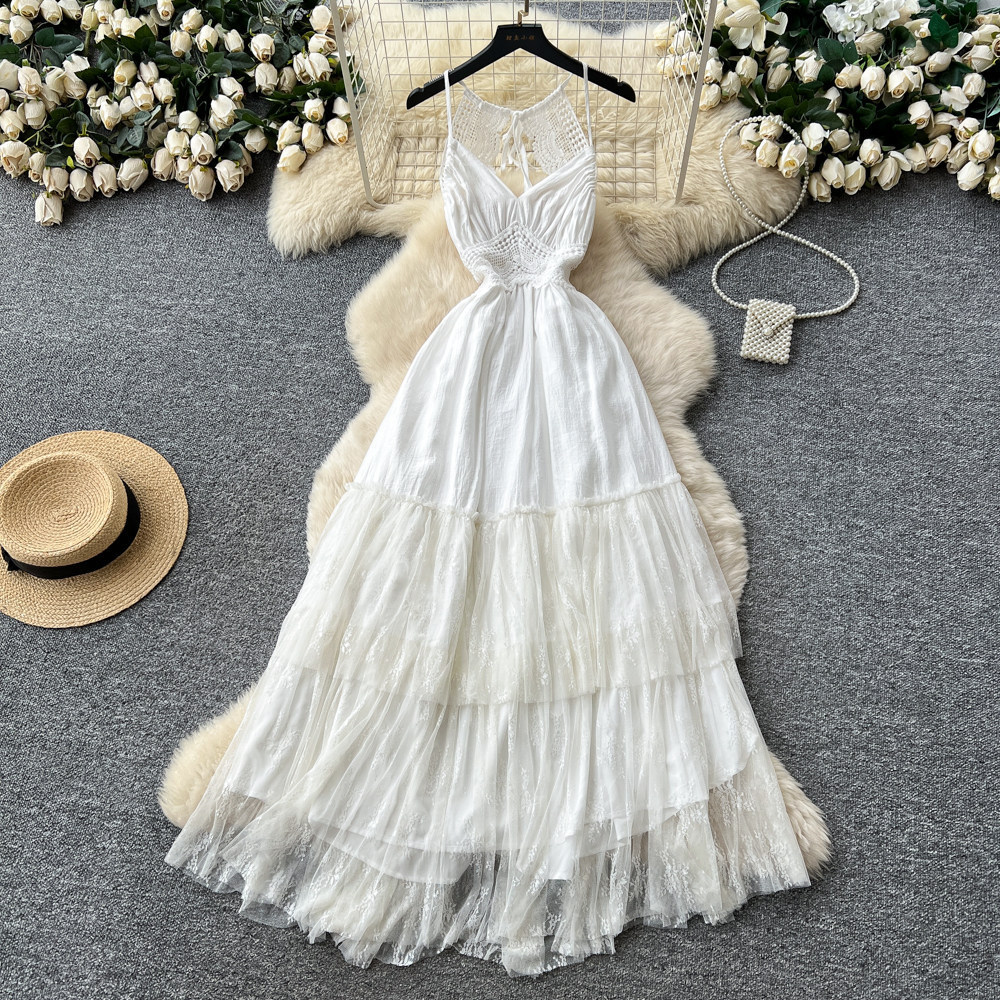 Lace Trim Backless Summer Dress Slim Fit Waist Defined Flowy Maxi Perfect for Vacations and Special Occasions