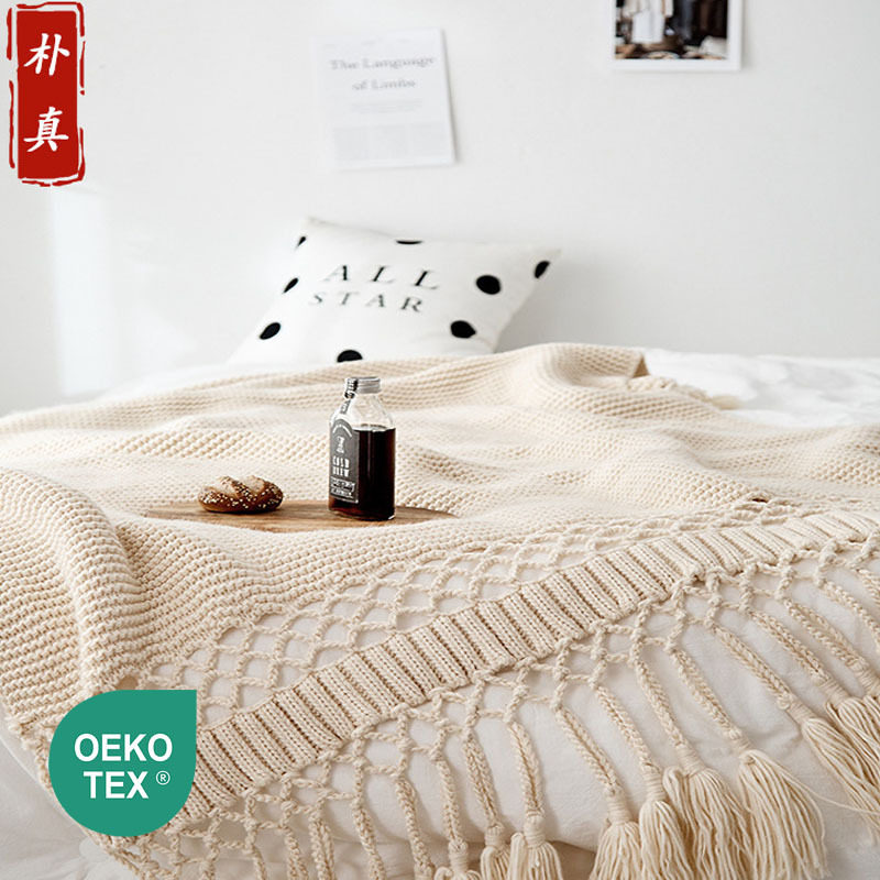 American Style Hand-Knitted Thread Blanket, Thickeneded Sofa Cover Blanket, Nap Blanket, Photo Props and Towel, Cut Out Tassel Blanket