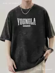 Men's Heavyweight Cotton Retro Washed Youngla Pattern T-Shirt - Loose Street Style Printed Top, Wake up