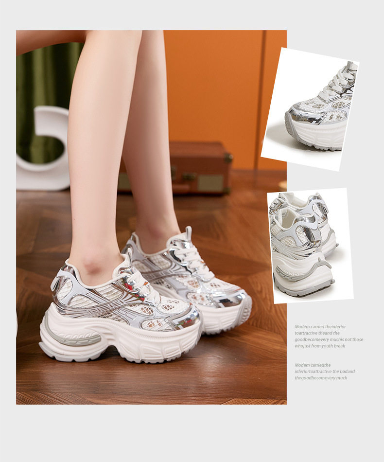 Giày sneaker nữ chunky đế dày mũi tròn, phong cách thể thao casual, đế cao 8 cm — Trắng, Hồng chi tiết 3