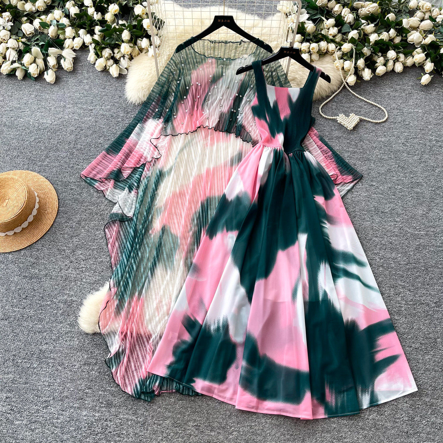 French Style Floral Print Dress Three Quarter Sleeve Waist Defining Slim Fit Beaded Details Summer Casual or Office