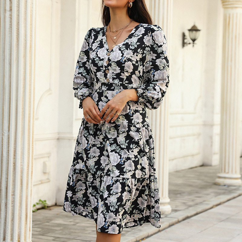 Elegant Floral Long Sleeve Dress Waist Defined Autumn Winter Style Wholesale Available customizable