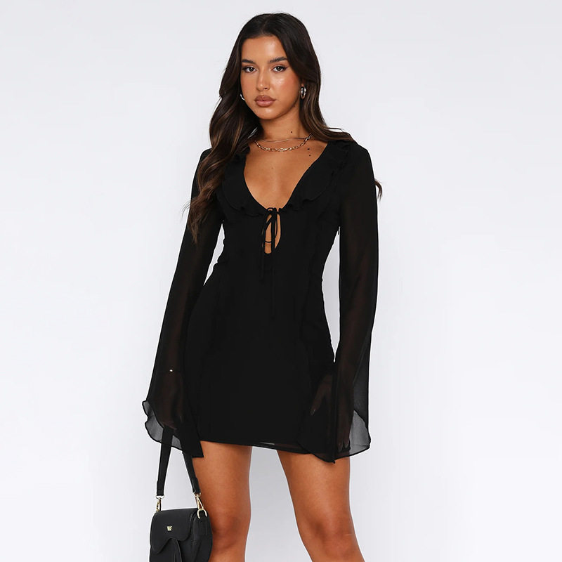 Summer Womens Dress Deep V Neck Ruffled Hem Long Sleeve Slim Fit Casual Party or Night Out Wholesale Available
