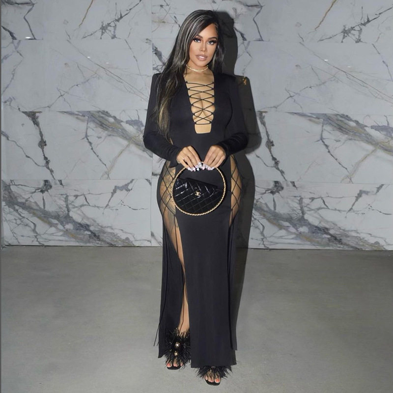 Elegant Long Sleeve Maxi Dress Deep V Neck High Slit Solid Color Slim Fit Spring Summer Fashion Wholesale