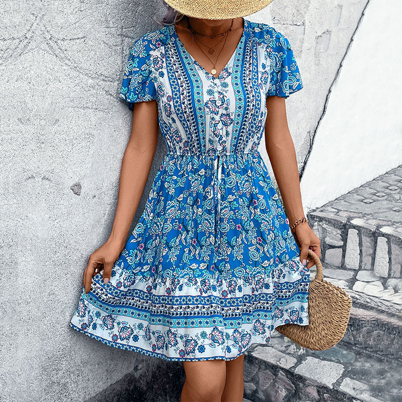 Summer Womens Dress V Neck Floral Print Bohemian Style Perfect for Casual Outings Wholesale Available