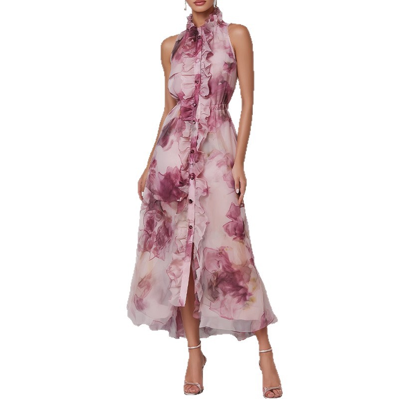Rose Print Waist Tie Maxi Dress Casual Vacation Style Summer Collection for Women Wholesale Available