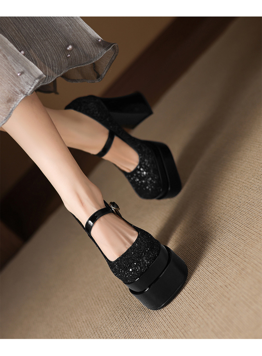 Giày cao gót mũi vuông đính sequin quai ngang đế xuồng — Màu đen, Màu sâm panh