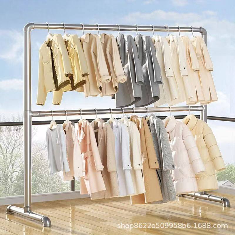 ♔ Double-Layer Steel Pipe Clothes Drying Rack, Hanging Rack with Upper and Lower Poles, Floor-Standing Rack for Indoor Balcony, Extra Thick for Clothing Display