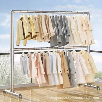 ♔ Double-Layer Steel Pipe Clothes Drying Rack, Hanging Rack with Upper and Lower Poles, Floor-Standing Rack for Indoor Balcony, Extra Thick for Clothing Display