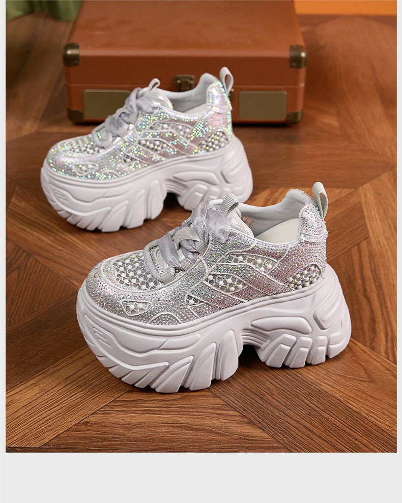 Giày cao gót nữ đế xuồng platform rhinestone lưới thoáng khí, gót siêu cao 8 cm — Bạc, Trắng, Đen chi tiết 20