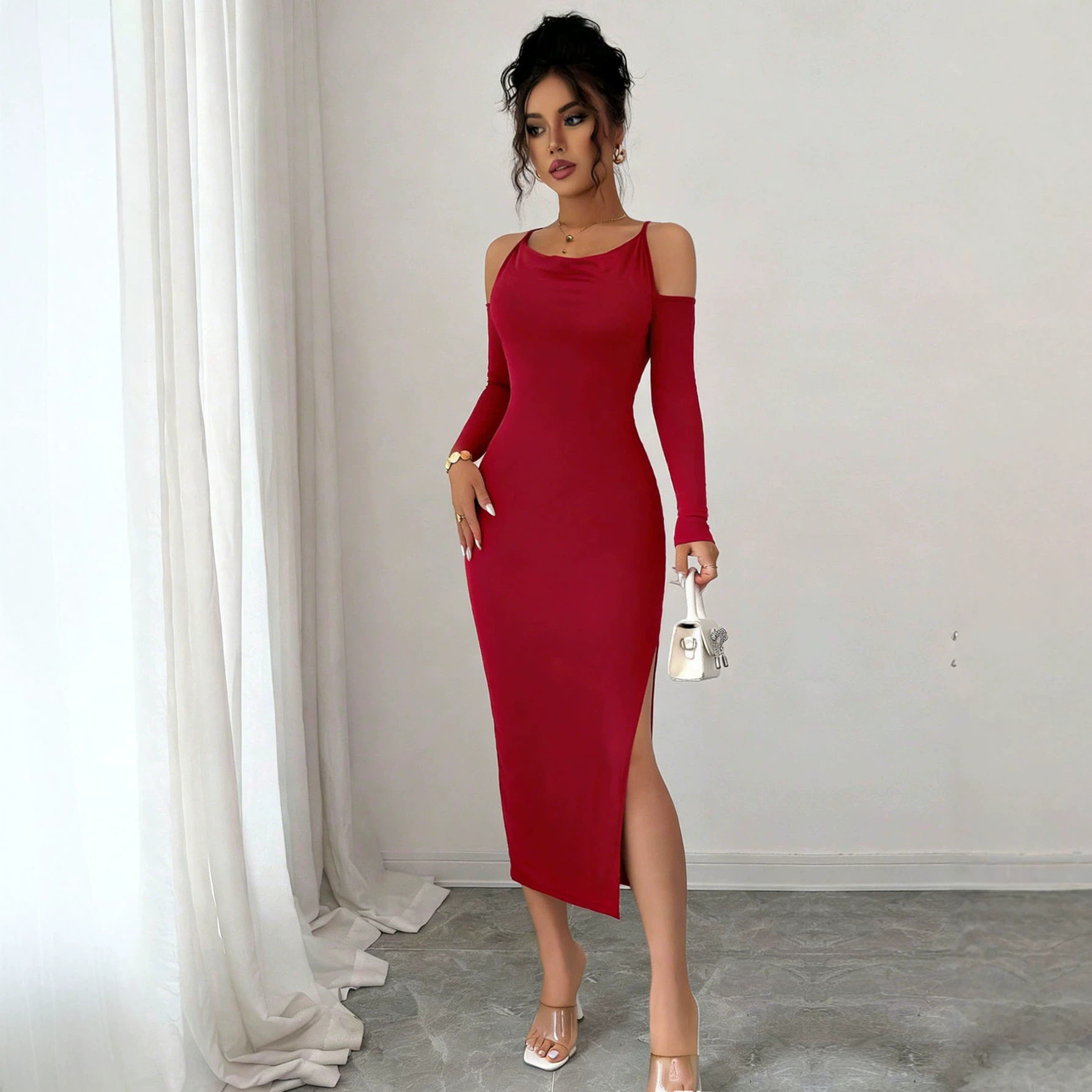 Off Shoulder Bodycon Dress Slim Fit Long Sleeve High Split Elegant Style Perfect for Parties and Formal Events