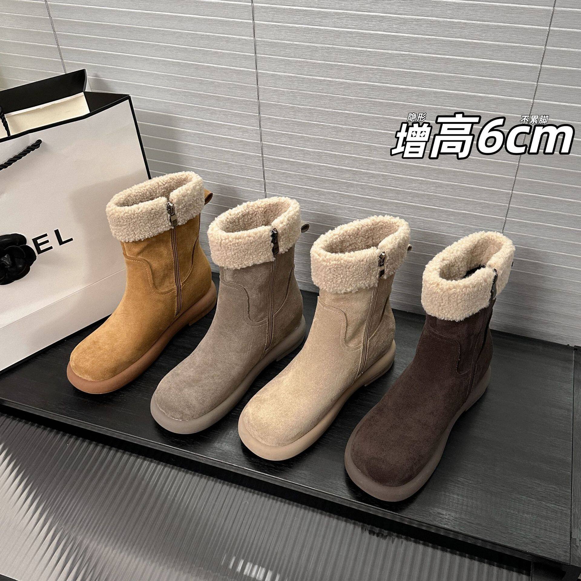 Heightening 6cm Warm Lamb Wool Thick-Soled Short Boots for Women to Wear Outside 2025 New Casual Versatile Side Zipper Snow Boots