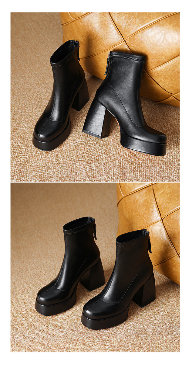 Boot nữ cổ thấp gót thô đế dày 10cm phong cách cá tính — Mặt da màu đen lót nhung, Mặt da màu đen một lớp bên trong, Màu đen da lộn một lớp bên trong, Màu đen mặt nhung lót trong