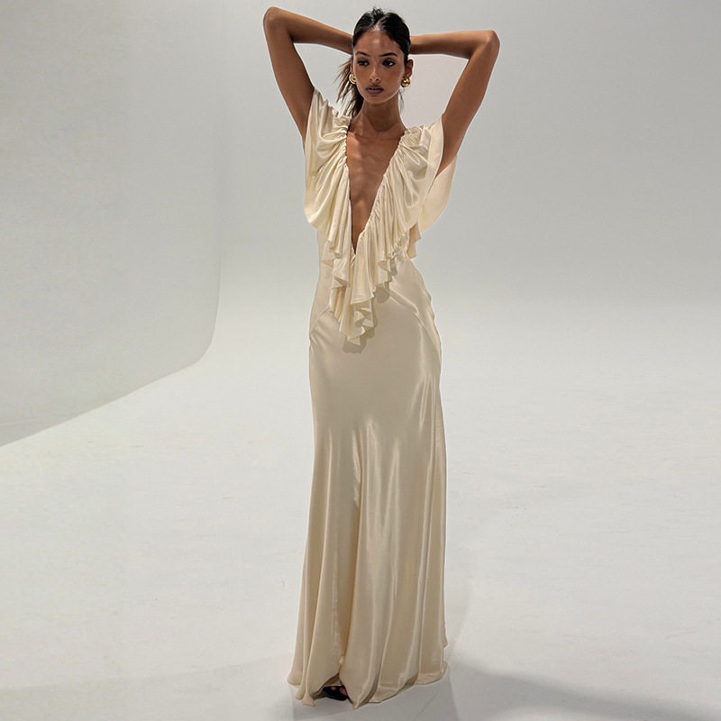 Womens Autumn Dress Ruffled Hem Sexy V Neck Backless Fitted Bodycon Elegant Evening Wear OEM Available